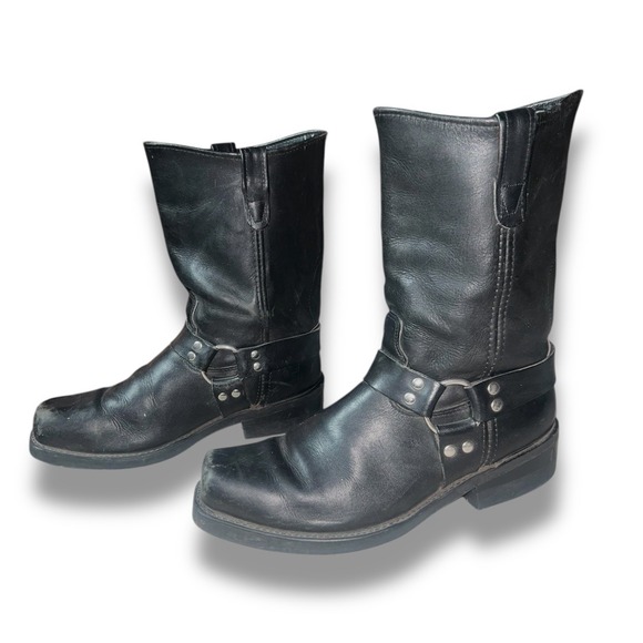 Mens Black Leather Harness Biker Boots Square Toe Biltrite Oil Proof Soles